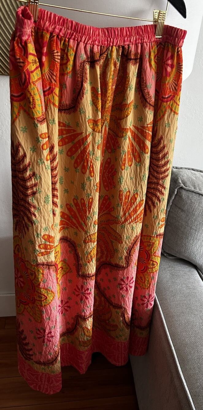 Calypso St. Barth Maxi Skirt M Orange Boho Floral Smoked Resortwear